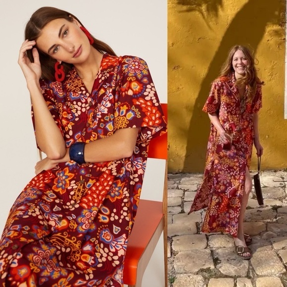 La DoubleJ Dress Bowling Floral Orange Relaxed Maxi Shirtdress Taranta XS GUC - Picture 1 of 12